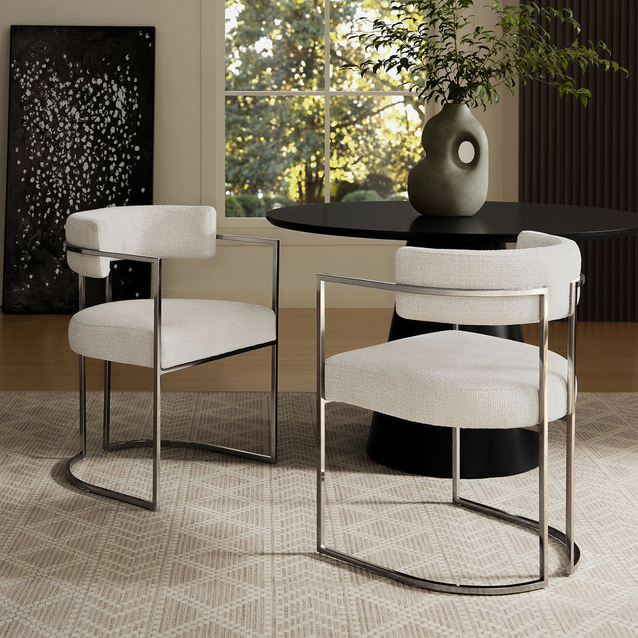 Paxton Curved Back Fabric and Metal Dining Accent Chair in Silver Cream