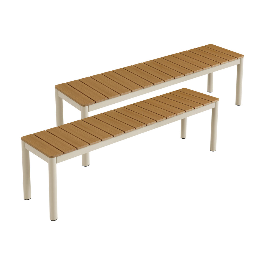 Yuzu Outdoor Patio Aluminum Bench with Faux Wood Top Set of 2 in Natural