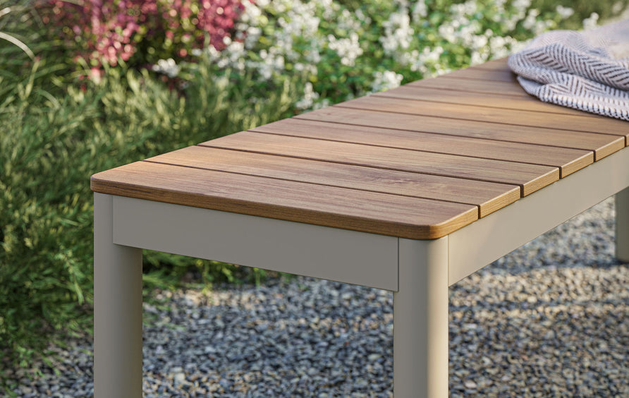 Yuzu Outdoor Patio Aluminum Bench with Faux Wood Top Set of 2 in Natural