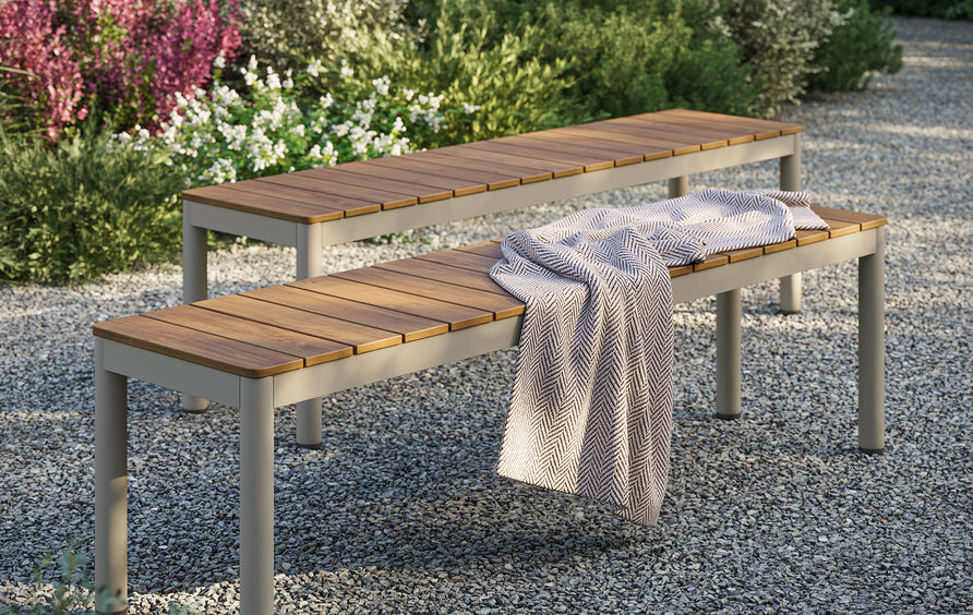 Yuzu Outdoor Patio Aluminum Bench with Faux Wood Top Set of 2 in Natural