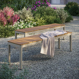 Yuzu Outdoor Patio Aluminum Bench with Faux Wood Top Set of 2 in Natural