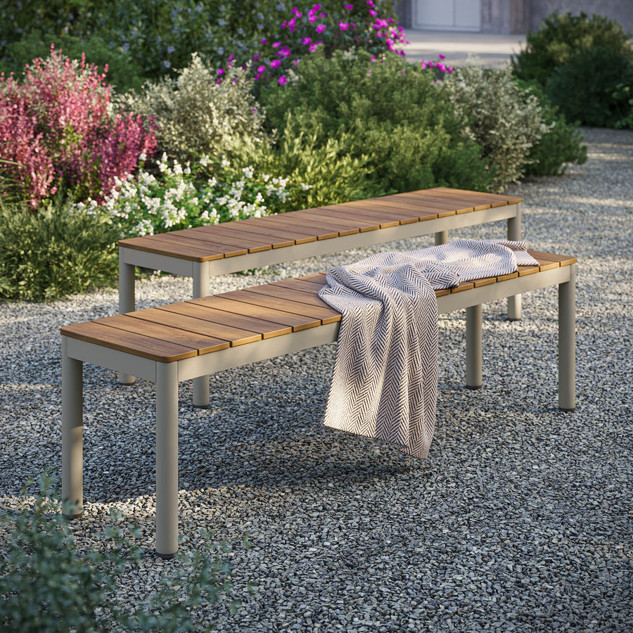 Yuzu Outdoor Patio Aluminum Bench with Faux Wood Top Set of 2 in Natural