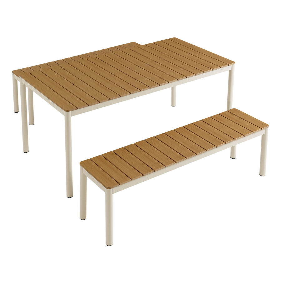 Yuzu Outdoor Patio Aluminum Faux Wood Dining Set with Benches in Natural