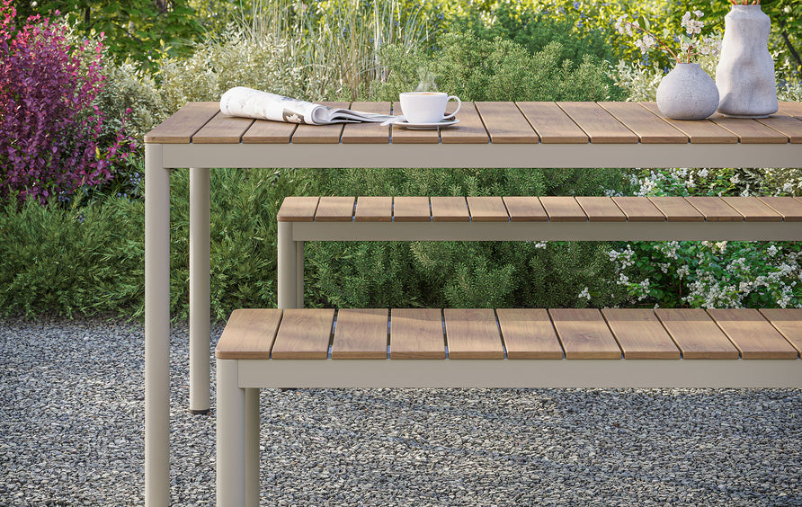 Yuzu Outdoor Patio Aluminum Faux Wood Dining Set with Benches in Natural