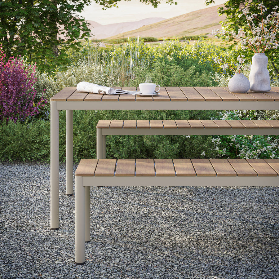 Yuzu Outdoor Patio Aluminum Faux Wood Dining Set with Benches in Natural