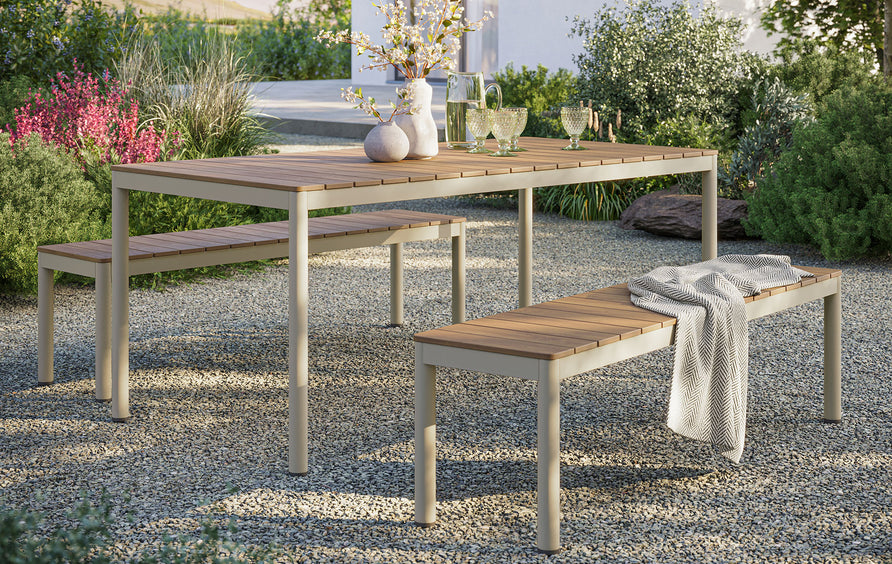 Yuzu Outdoor Patio Aluminum Faux Wood Dining Set with Benches in Natural