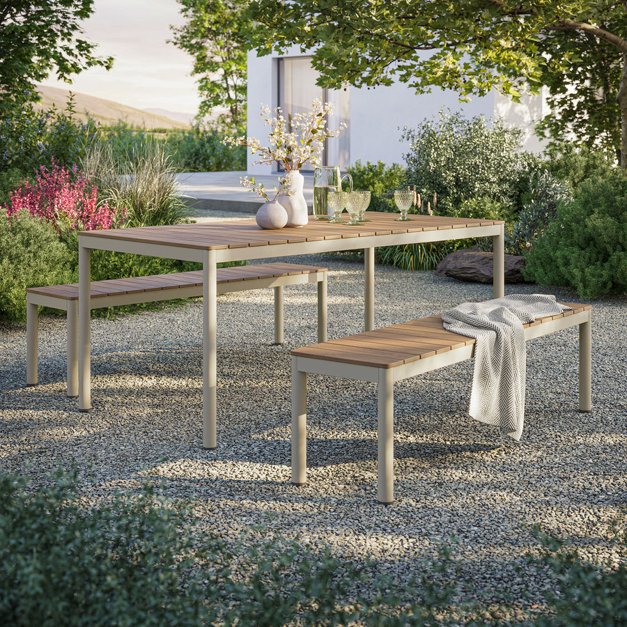 Yuzu Outdoor Patio Aluminum Faux Wood Dining Set with Benches in Natural