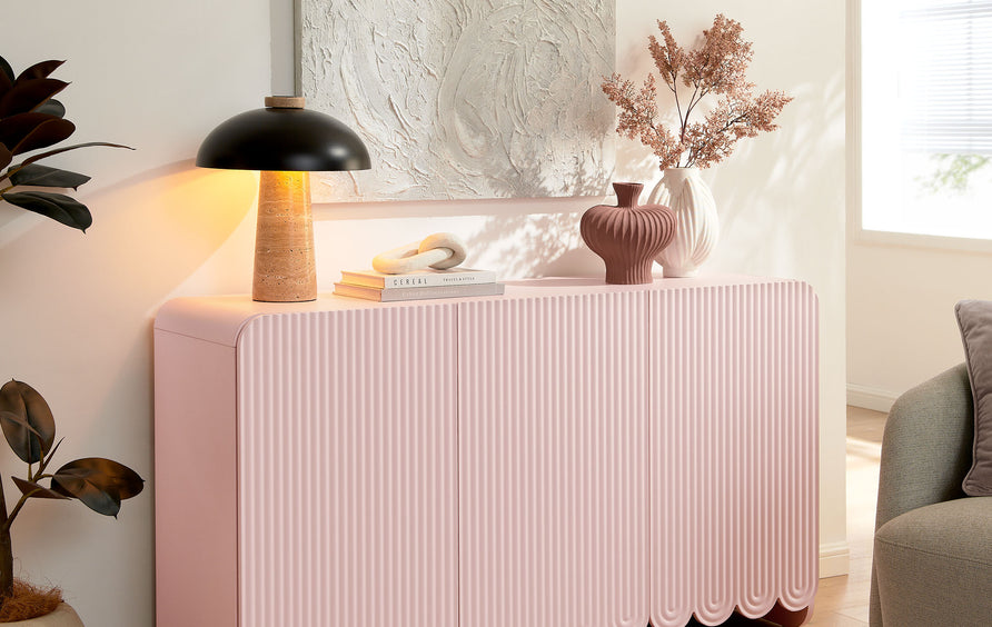 Hugo Fluted and Scalloped Sideboard Storage Cabinet in Soft Pink