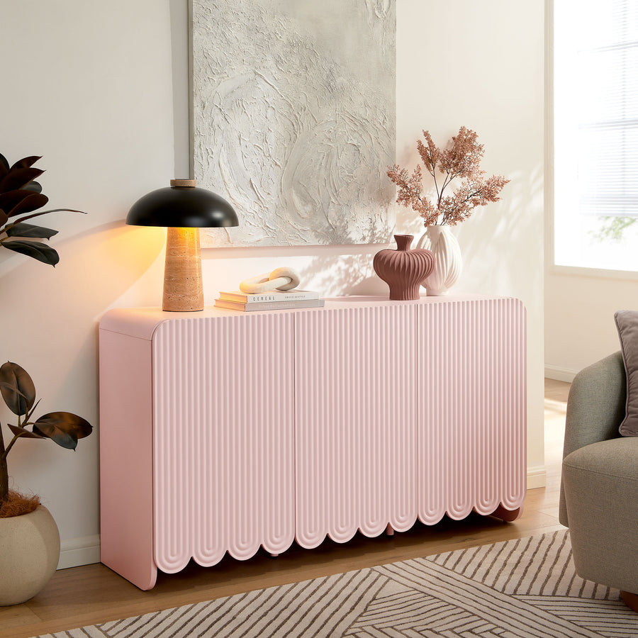 Hugo Fluted and Scalloped Sideboard Storage Cabinet in Soft Pink