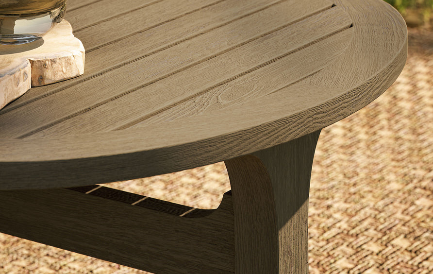 Saratoga Oval Outdoor Patio Teak Wood Coffee Table in Weathered Gray