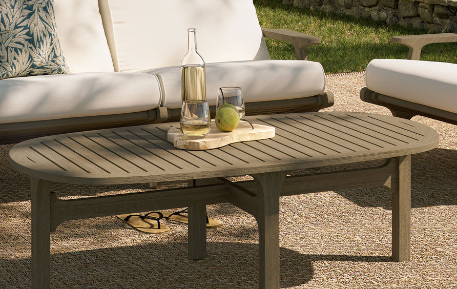 Lark Oval Outdoor Patio Teak Wood Coffee Table in Weathered Gray