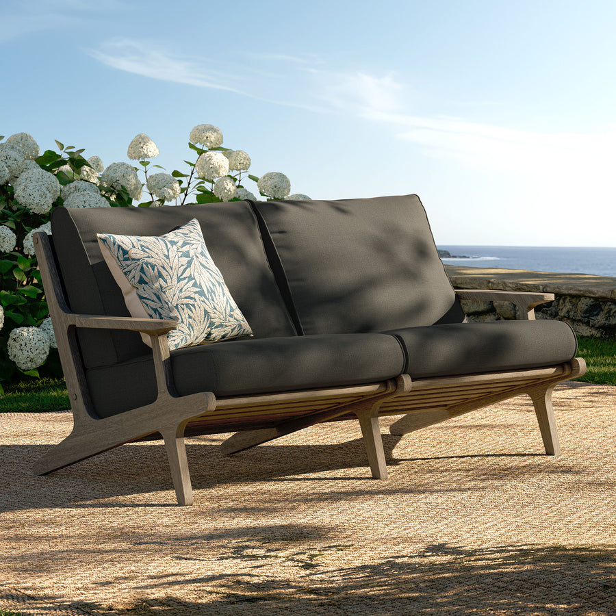 Lark Outdoor Patio Teak Wood Loveseat in Weathered Gray Flint