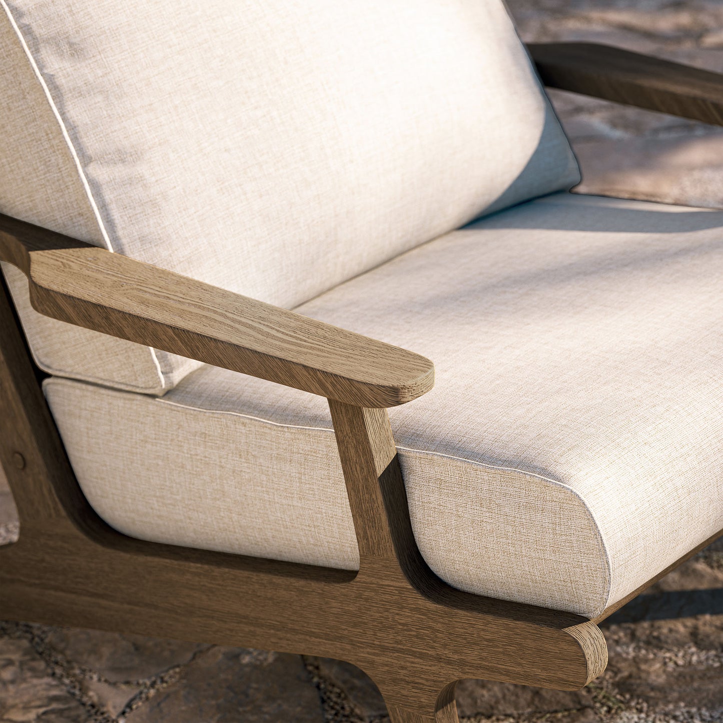 Lark Outdoor Patio Teak Wood Armchair in Weathered Gray Pebble