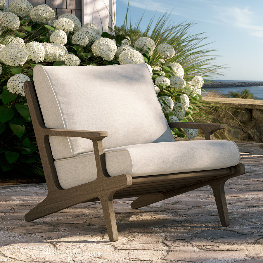 Lark Outdoor Patio Teak Wood Armchair in Weathered Gray Pebble