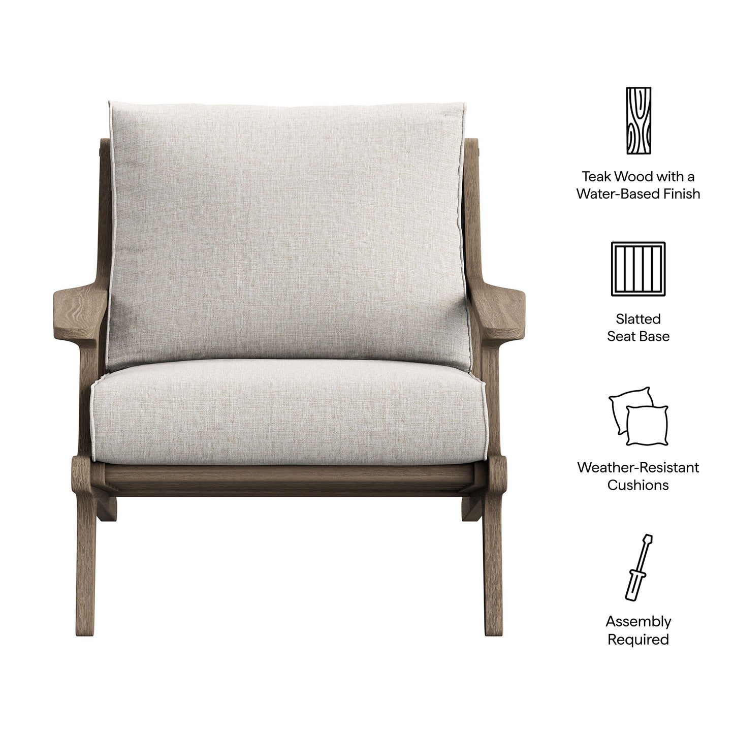 Lark Outdoor Patio Teak Wood Armchair in Weathered Gray Pebble