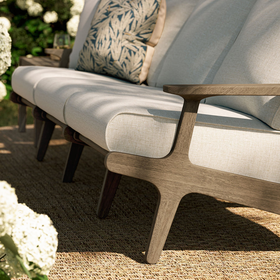 Lark Outdoor Patio Teak Sofa in Weathered Gray Pebble