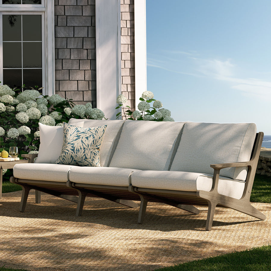 Lark Outdoor Patio Teak Sofa in Weathered Gray Pebble
