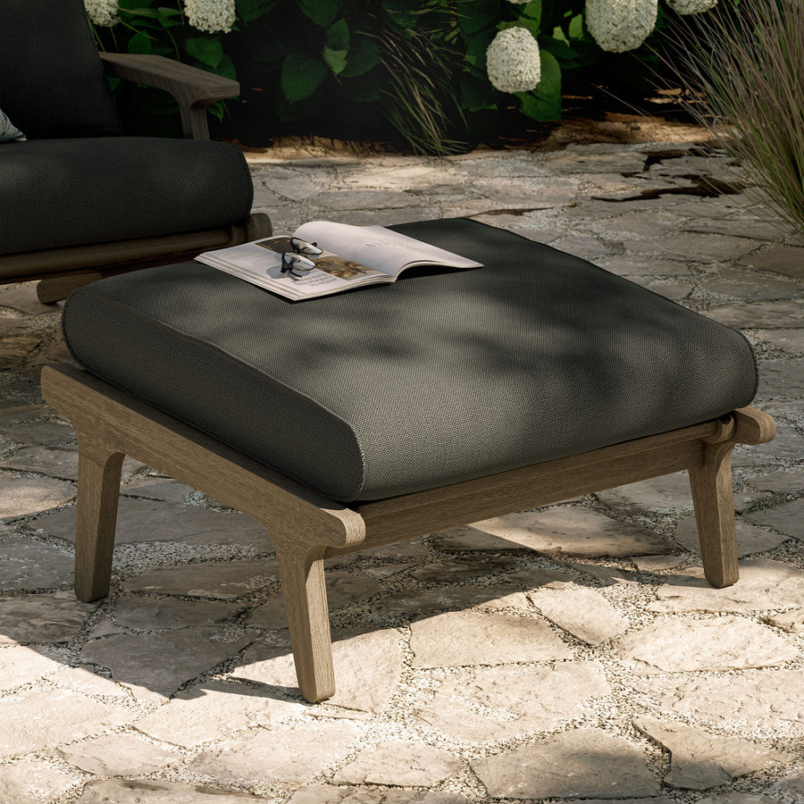 Lark Outdoor Patio Teak Ottoman in Weathered Gray Flint
