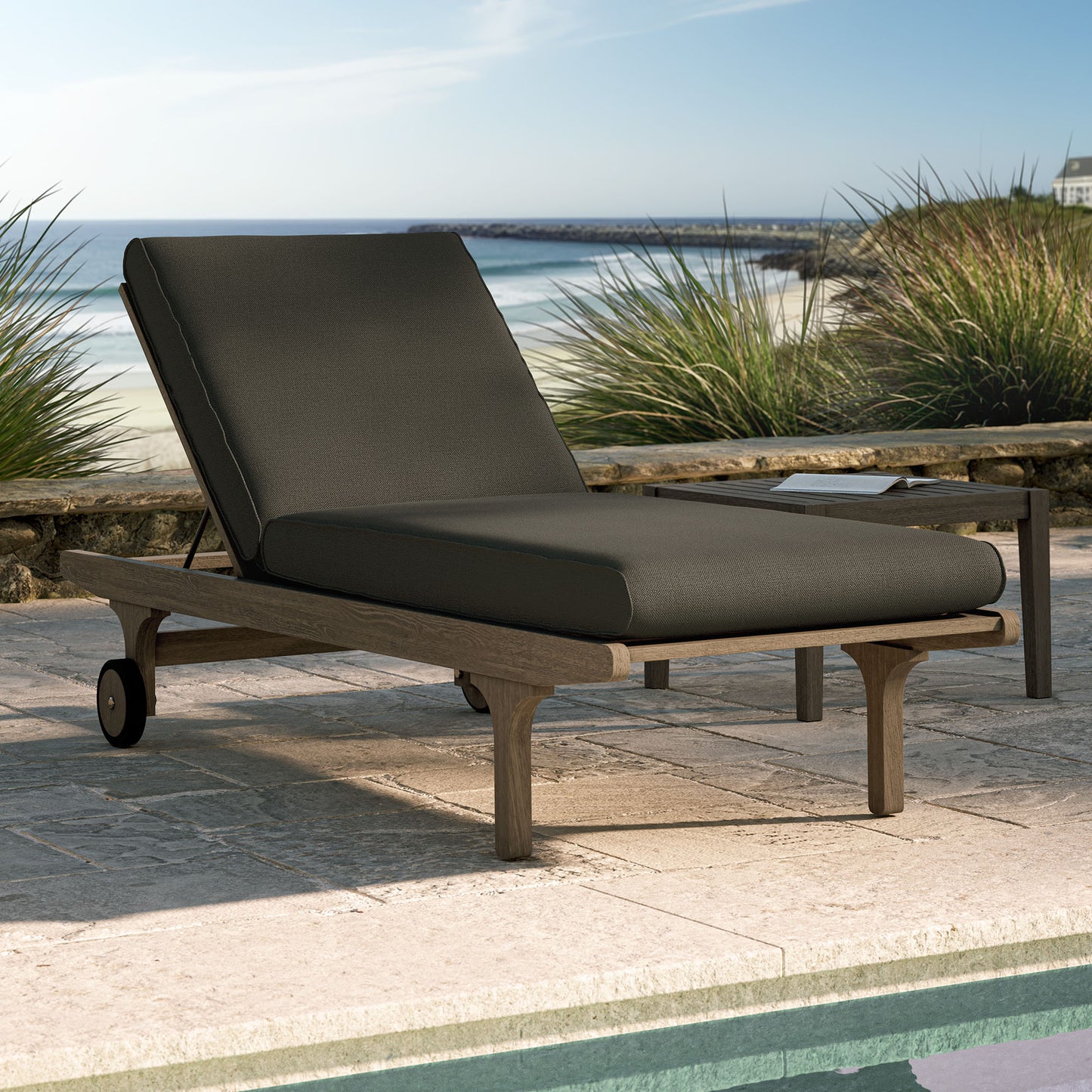 Lark Outdoor Patio Teak Chaise Lounge Chair in Weathered Gray Flint