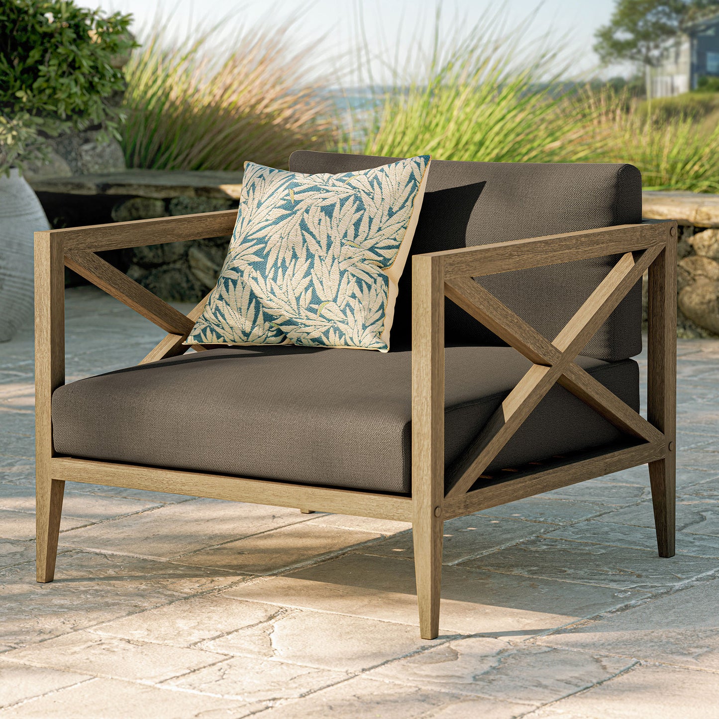 Roan Outdoor Patio Teak Armchair in Weathered Gray Flint