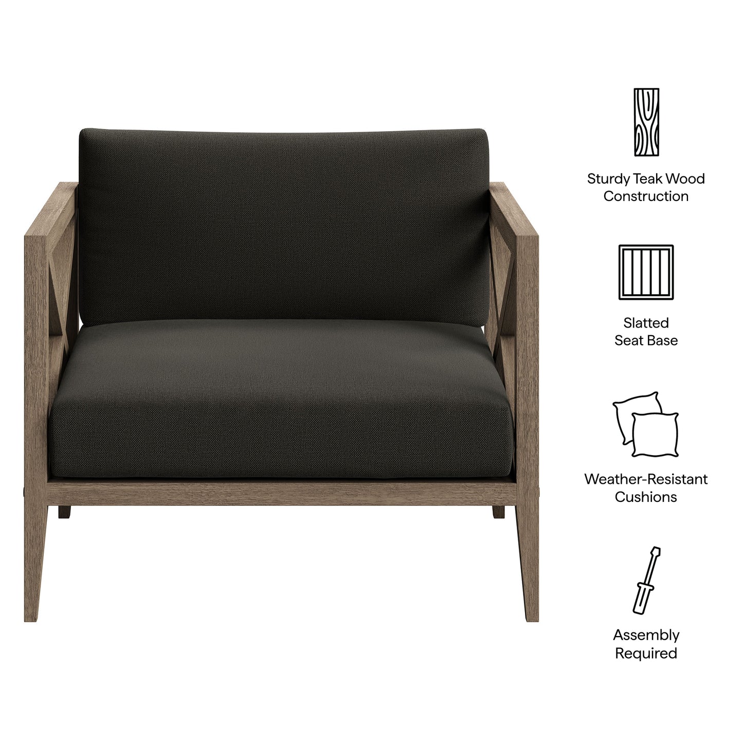 Roan Outdoor Patio Teak Armchair in Weathered Gray Flint