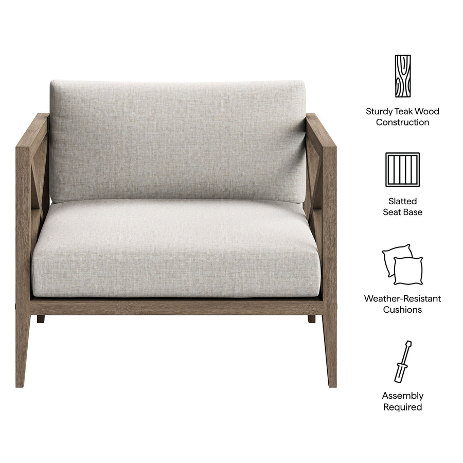 Roan Outdoor Patio Teak Armchair in Weathered Gray Pebble