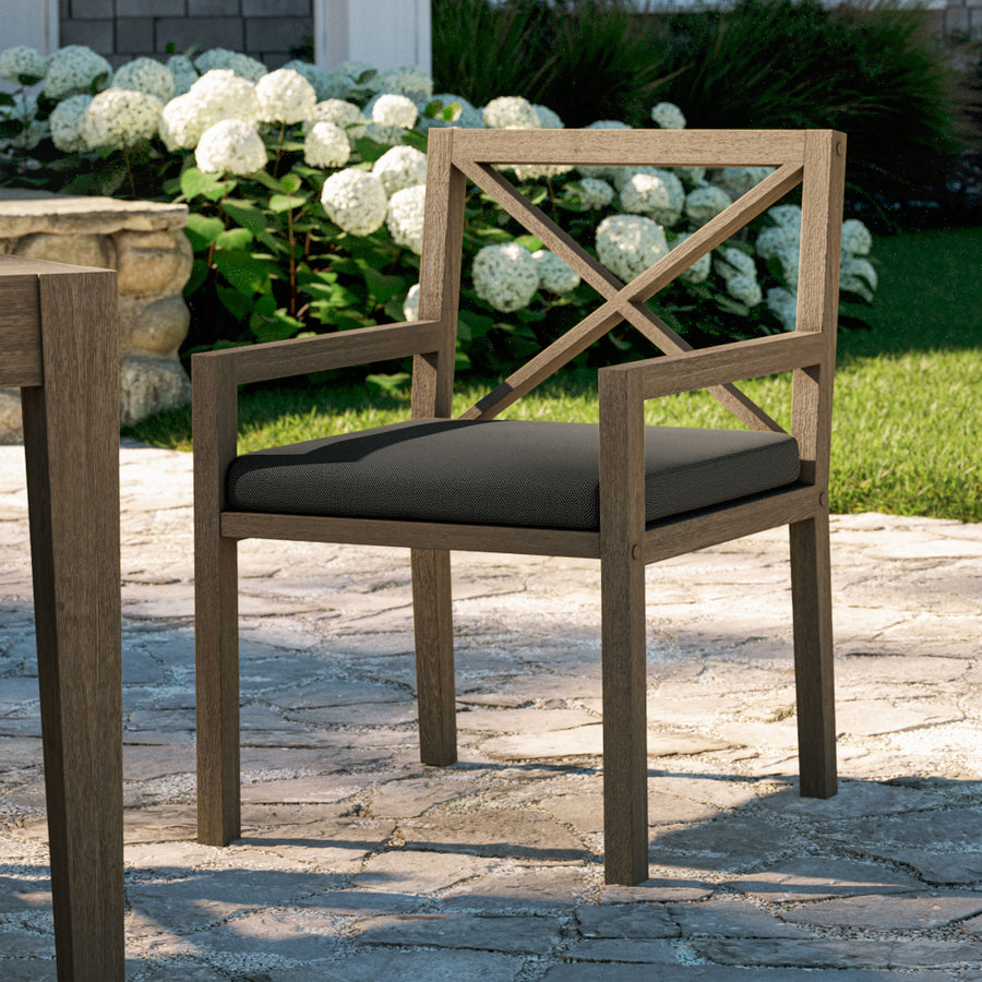Roan Outdoor Patio Teak Dining Armchair in Weathered Gray Flint