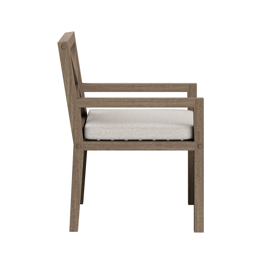 Roan Outdoor Patio Teak Dining Armchair in Weathered Gray Pebble
