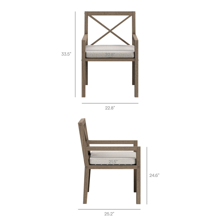 Roan Outdoor Patio Teak Dining Armchair in Weathered Gray Pebble