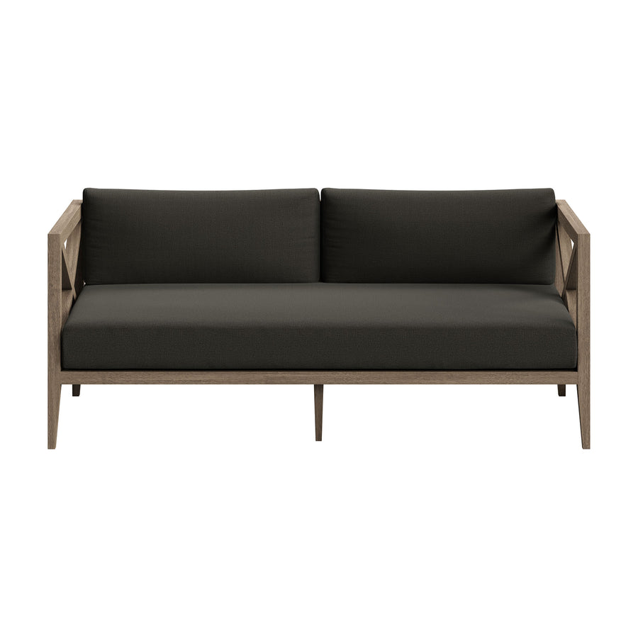 Roan Outdoor Patio Teak Wood Loveseat and Ottoman Set in Weathered Gray Flint
