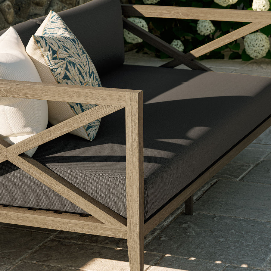 Roan Outdoor Patio Teak Loveseat in Weathered Gray Flint