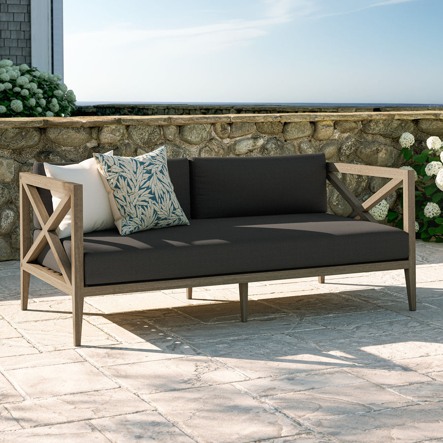 Roan Outdoor Patio Teak Loveseat in Weathered Gray Flint