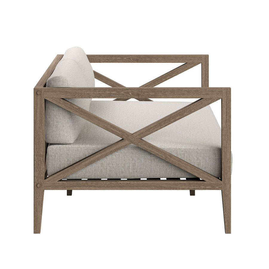 Roan Outdoor Patio Teak Wood Loveseat and Ottoman Set in Weathered Gray Pebble