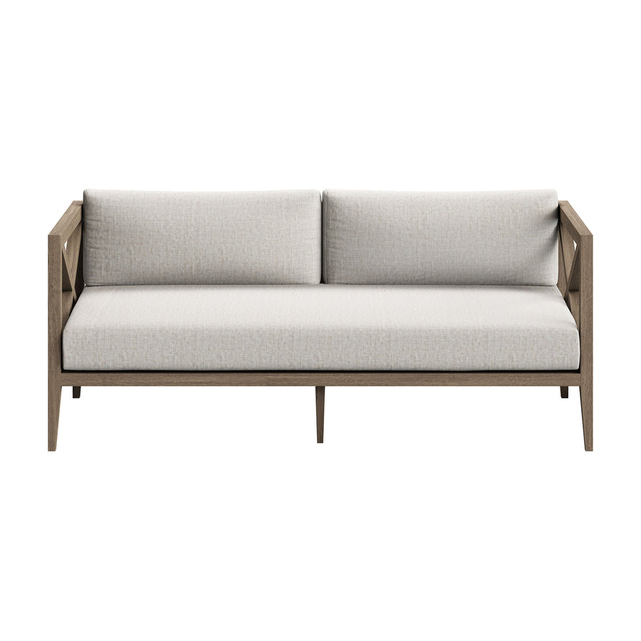 Roan Outdoor Patio Teak Wood Loveseat and Ottoman Set in Weathered Gray Pebble