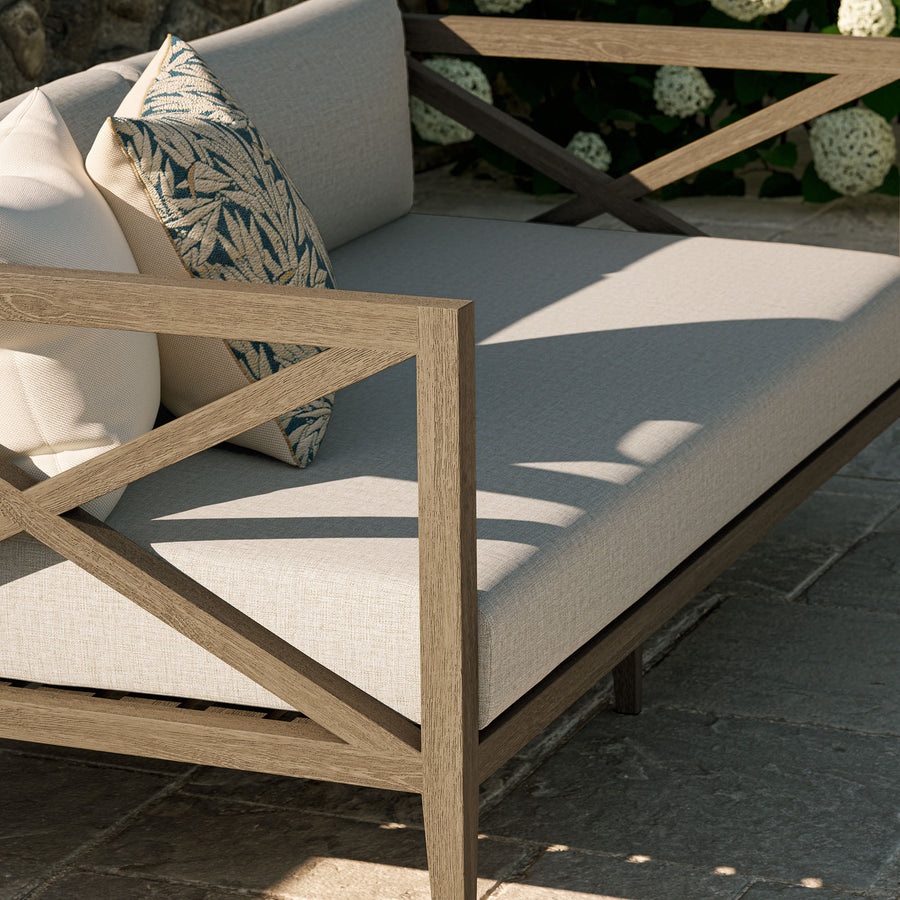 Roan Outdoor Patio Teak Loveseat in Weathered Gray Pebble