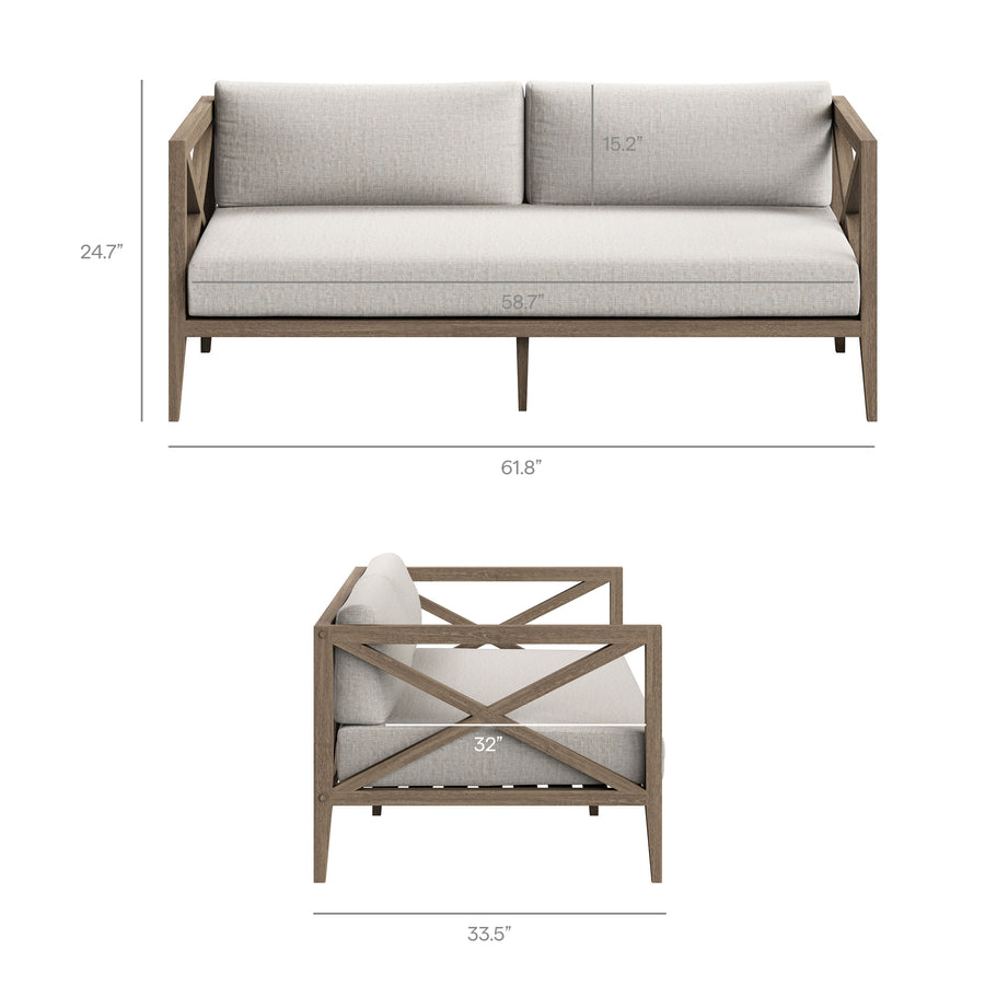Roan Outdoor Patio Teak Loveseat in Weathered Gray Pebble