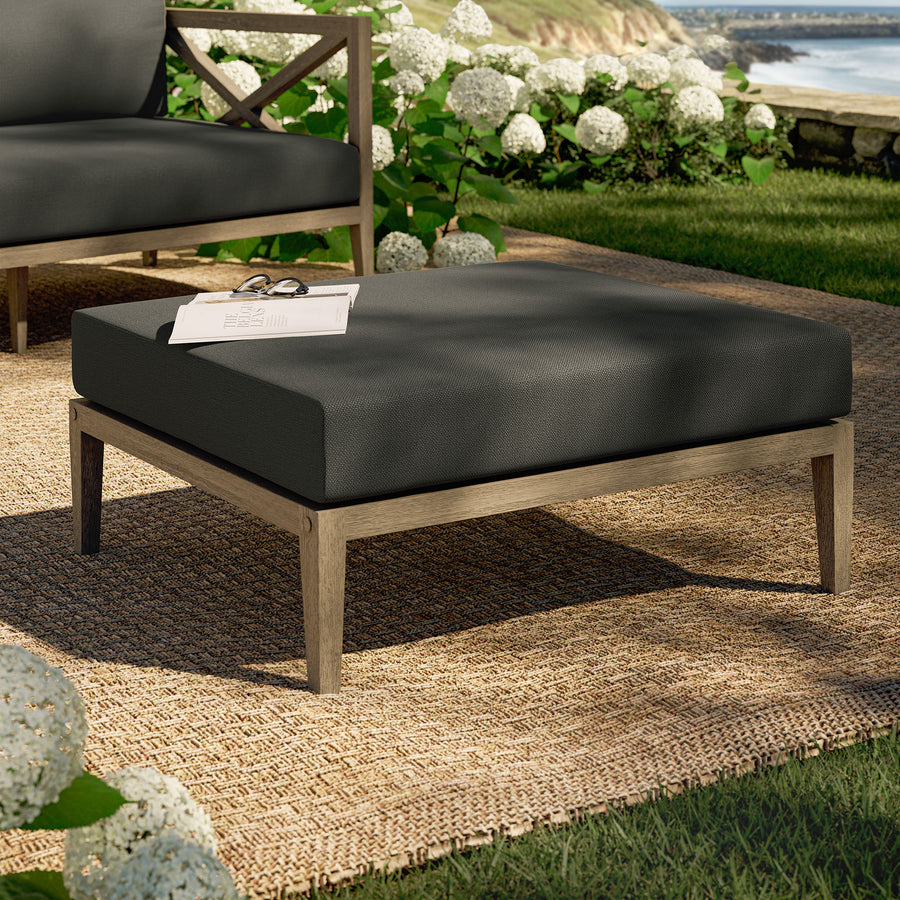 Roan Outdoor Patio Teak Ottoman in Weathered Gray Flint