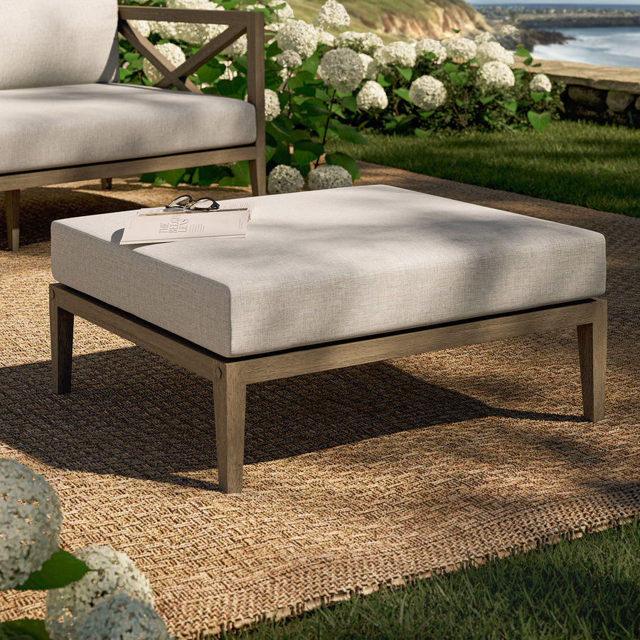 Roan Outdoor Patio Teak Ottoman in Weathered Gray Pebble
