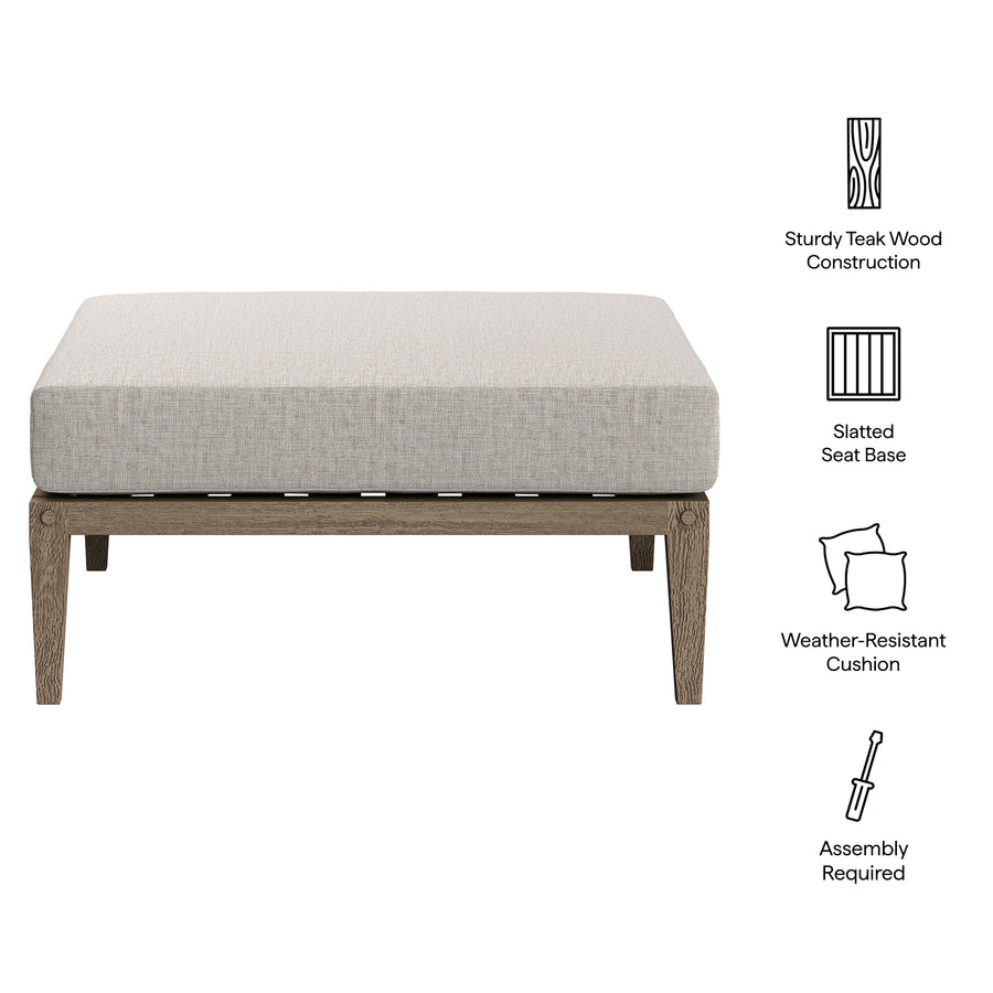 Roan Outdoor Patio Teak Ottoman in Weathered Gray Pebble