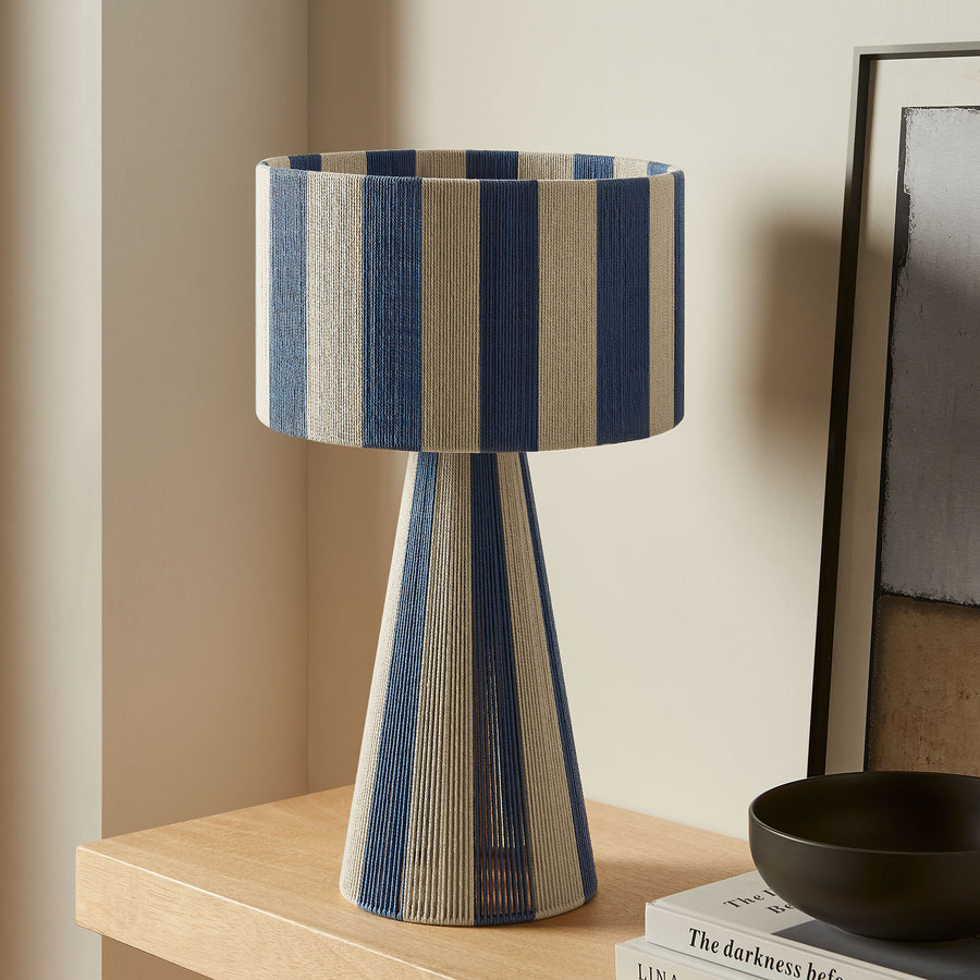 Cobh Handwoven Cotton Thread Striped Table Lamp in Capri Blue