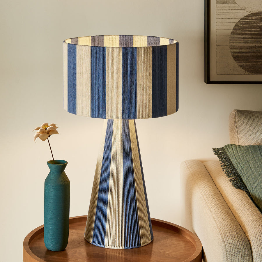 Cobh Handwoven Cotton Thread Striped Table Lamp in Capri Blue