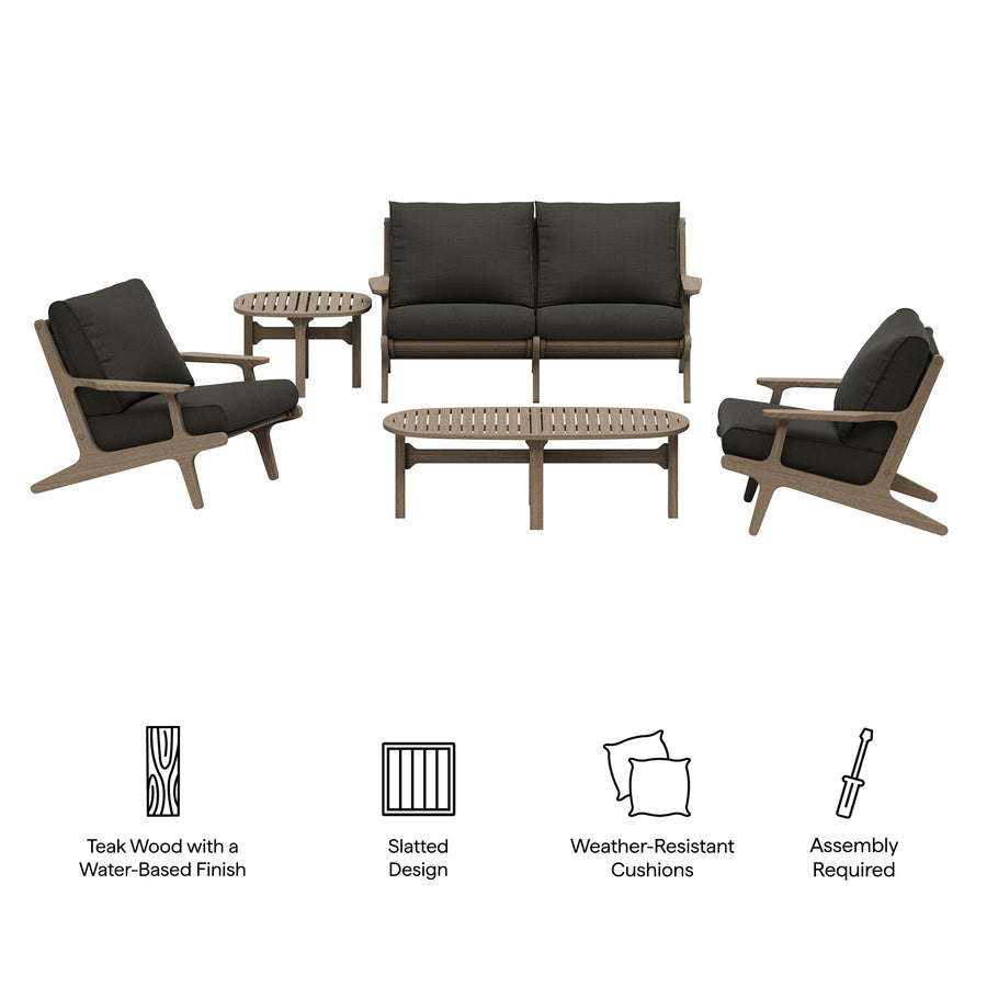 Lark 5-Piece Outdoor Patio Teak Wood Furniture Set in Weathered Gray Flint