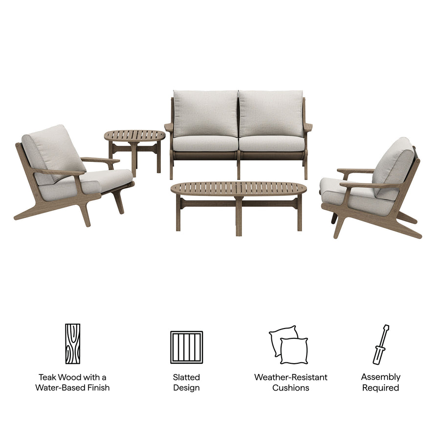 Lark 5-Piece Outdoor Patio Teak Wood Furniture Set in Weathered Gray Pebble