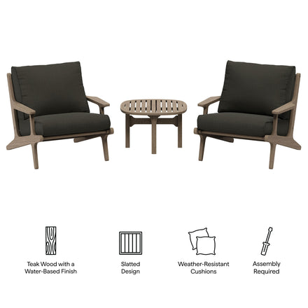 Saratoga 3-Piece Outdoor Patio Teak Wood Furniture Set with Lounge Chairs and Side Table in Weathered Gray Flint