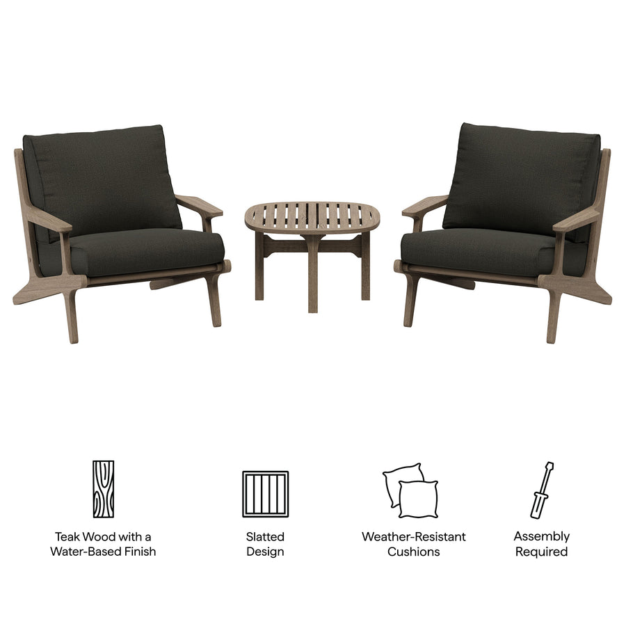 Lark 3-Piece Outdoor Patio Teak Wood Furniture Set with Lounge Chairs and Side Table in Weathered Gray Flint