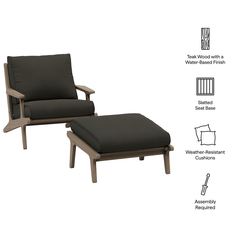 Lark Outdoor Patio Teak Wood Chair and Ottoman Set in Weathered Gray Flint
