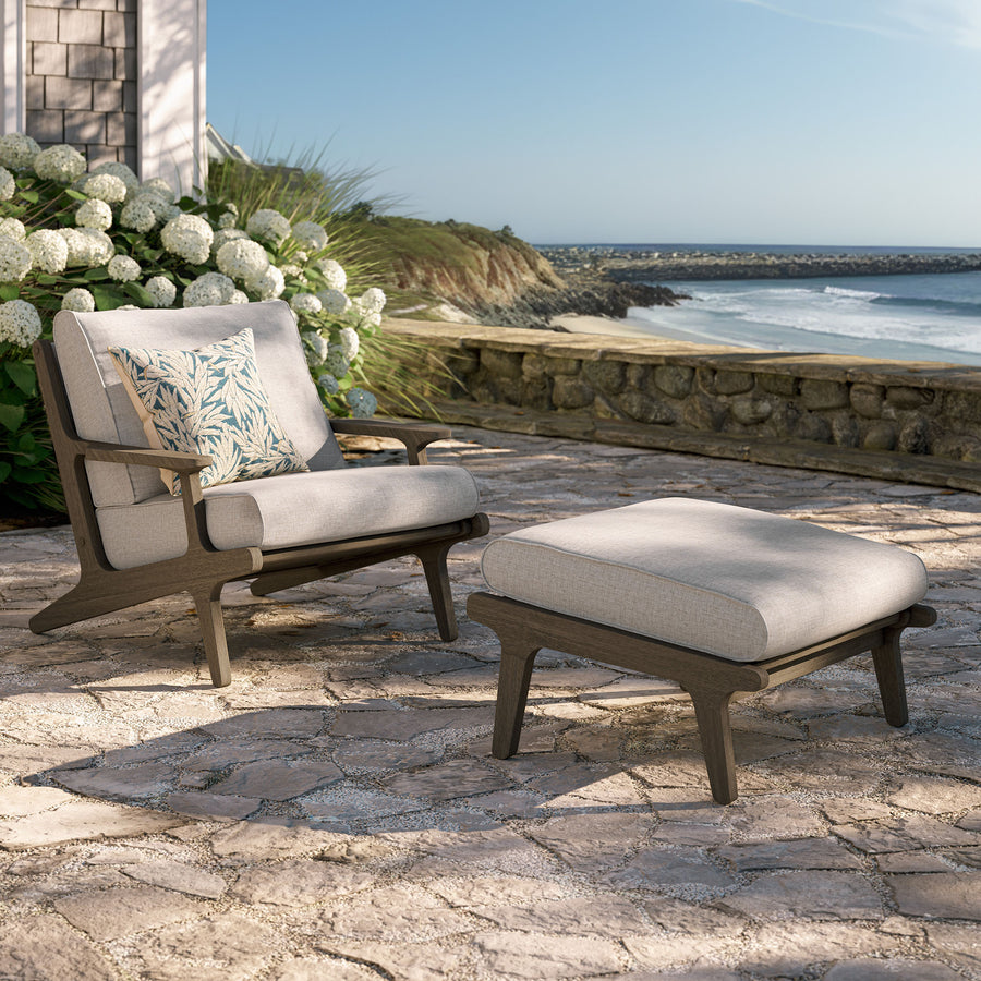 Lark Outdoor Patio Teak Wood Chair and Ottoman Set in Weathered Gray Pebble
