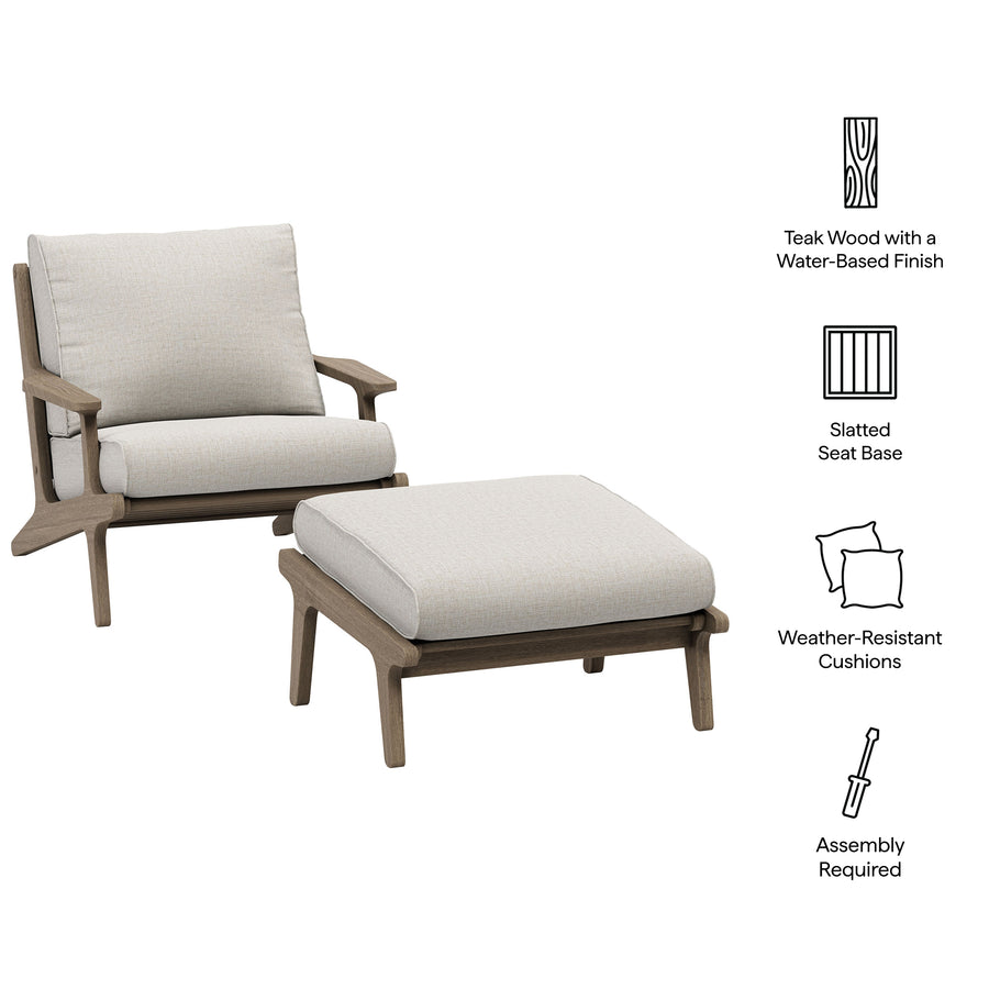 Lark Outdoor Patio Teak Wood Chair and Ottoman Set in Weathered Gray Pebble