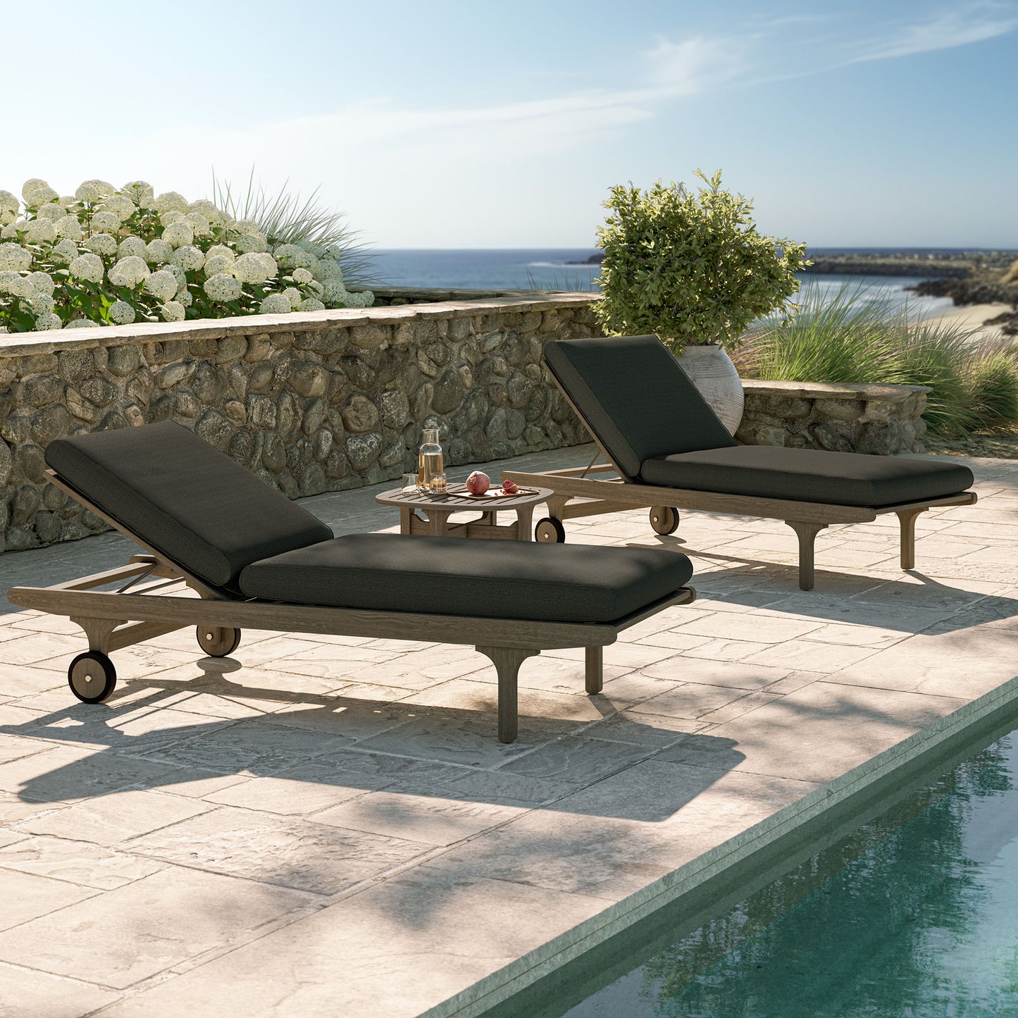 Lark Outdoor Patio Teak Wood 3-Piece Chaise Lounge Furniture Set in Weathered Gray Flint