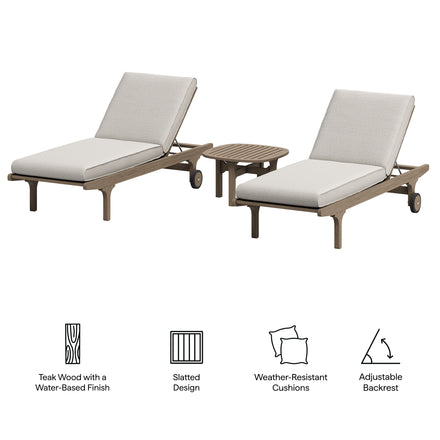 Saratoga Outdoor Patio Teak Wood 3-Piece Chaise Lounge Furniture Set in Weathered Gray Pebble